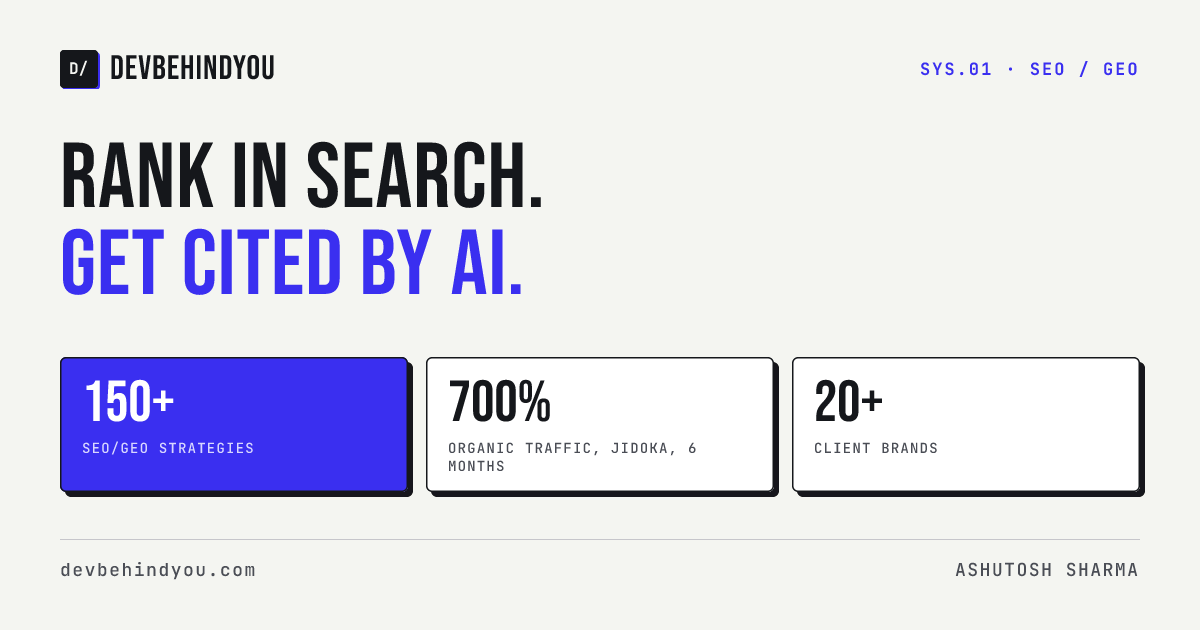 SEO and GEO: rank in search, get cited by AI. 150+ SEO/GEO strategies, 700% organic traffic growth for Jidoka Technologies.